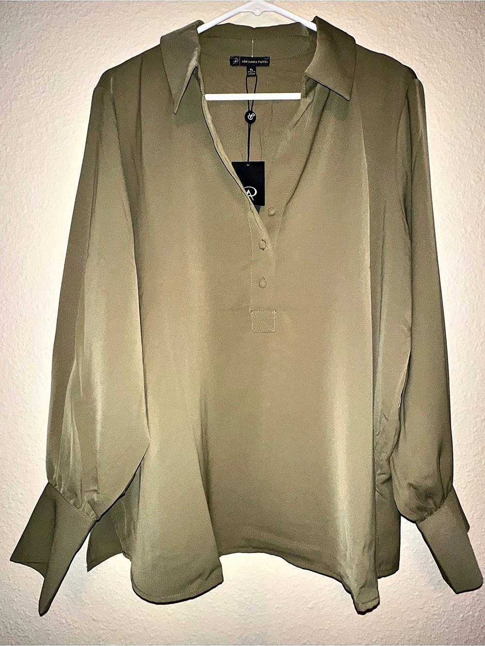 Adrianna Papell Collared Blouse Olive Army Green Business Office Silky XL NWT